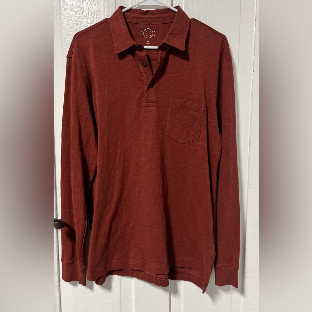 Even Tide Collared Vintage Wash Henley Rust Orange Red 100% cotton size medium
